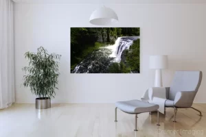 Photograph of Cramer Imaging's fine art photograph 'Upper Mesa Falls' on the wall of a sitting room