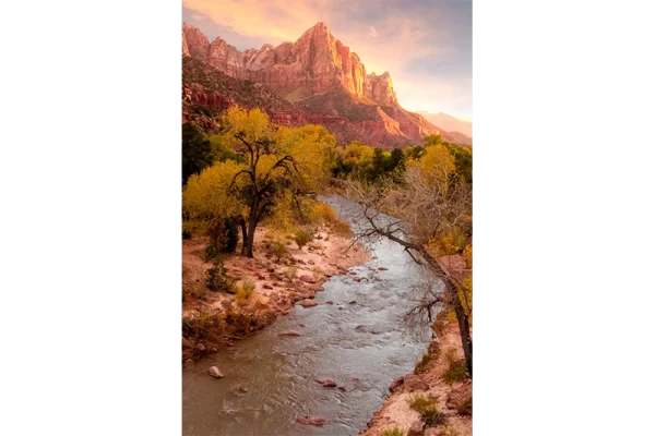 Audrey Cramer Photography's professional quality landscape photograph of the Virgin River and mountains at sunset in Zion's National Park, Utah