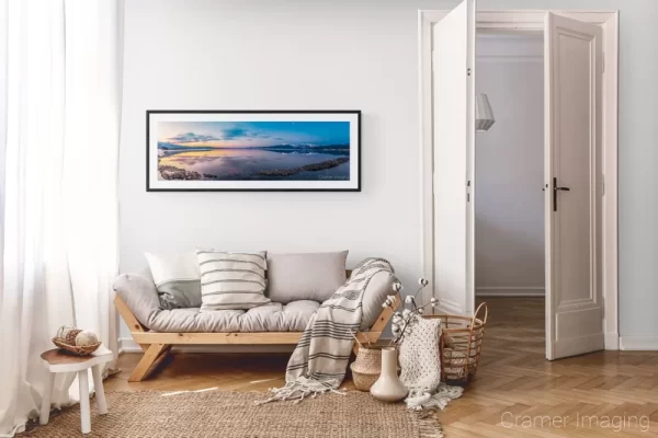 Photograph of Cramer Imaging's landscape photo "Blue and Gold" in a cozy neutral-toned living room