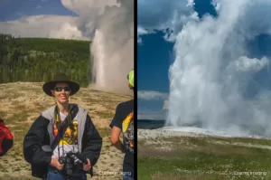 Side-by-side comparison showing a tourist snapshot and a professsional quality landscape photo of Old Faithul geyser in Yellowstone National Park Wyoming