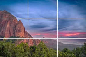 Graphic with rule of thirds overlayed on a fall sunset landscape photo in Zion National Park