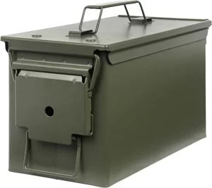 Photograph of an army green metal ammo can