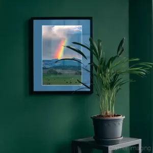 Photograph of Cramer Imaging's fine art photograph 'Idyllic' on the wall of a green room with a small table and a plant