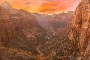 Audrey Cramer Photography's fine art landscape photograph of a golden sunset over the Canyon Overlook trail view in Zion's National Park Utah