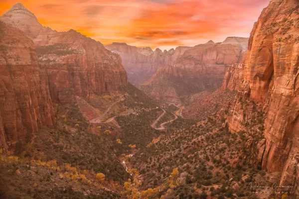 Audrey Cramer Photography's fine art landscape photograph of a golden sunset over the Canyon Overlook trail view in Zion's National Park Utah