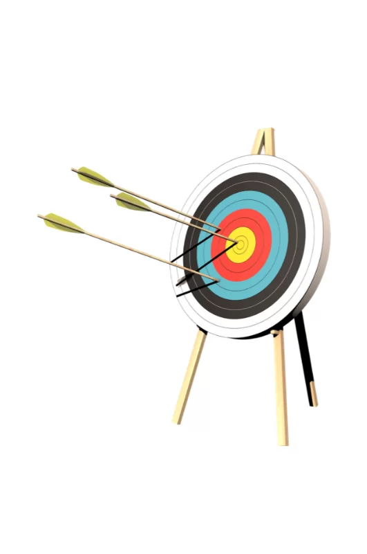 Image of an archery target on an easel with 3 arrows stuck in it