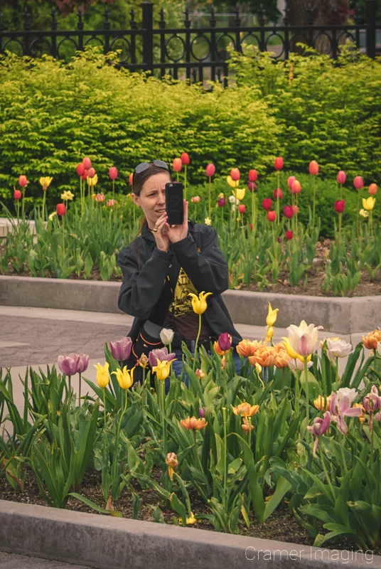 Professional landscape photographer Audrey Cramer taking photos for someone else using a smart phone