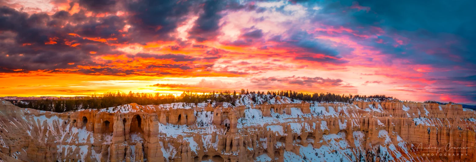 Audrey Cramer Photography's fine art landscape panorama photograph of a dramatic sunset over Bryce Canyon National Park Utah