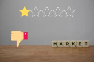 Graphic showing a very poor or bad market reputation with 1 out of 5 stars and a thumbs-down