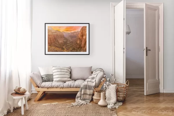 Photograph of Cramer Imaging's landscape photo "Canyon Overlook" in a cozy neutral-toned living room