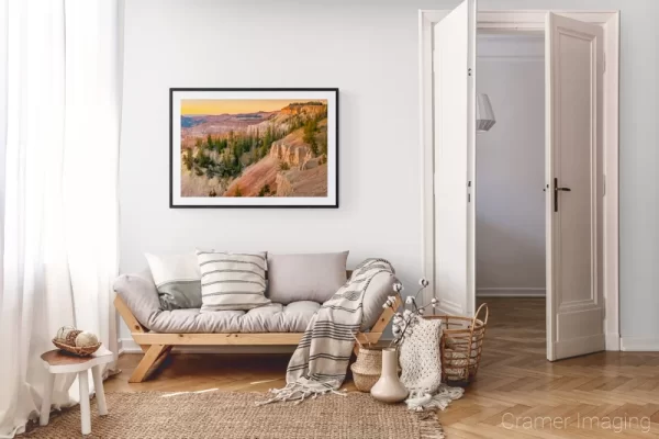 Photograph of Cramer Imaging's landscape photo "Cedar Breaks" in a cozy neutral-toned living room