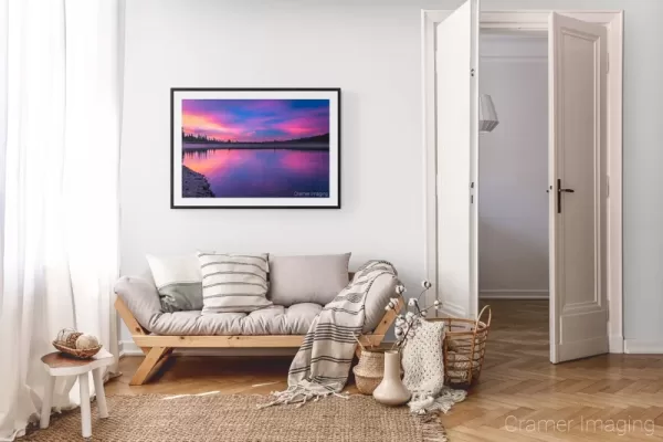 Photograph of Cramer Imaging's landscape photo "Dragon Fire" in a cozy neutral-toned living room