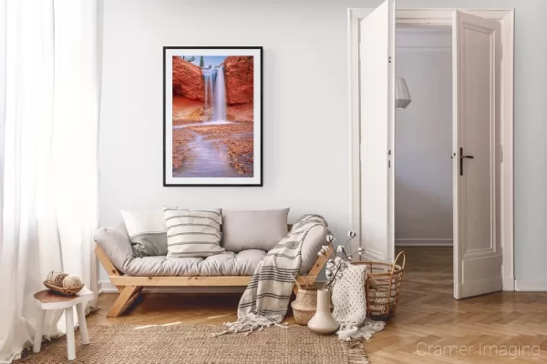 Photograph of Cramer Imaging's landscape photo "Ethereal" in a cozy neutral-toned living room