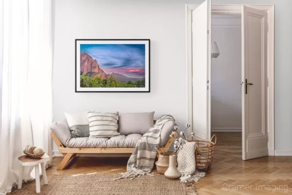 Photograph of Cramer Imaging's landscape photo "Fall Sunset" in a cozy neutral-toned living room