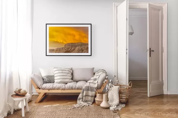 Photograph of Cramer Imaging's landscape photo "Fireball" in a cozy neutral-toned living room