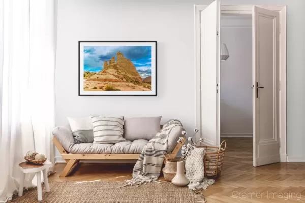 Photograph of Cramer Imaging's landscape photo "Fortress" in a cozy neutral-toned living room