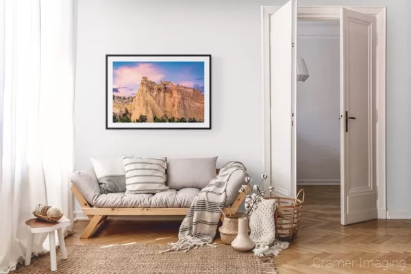 Photograph of Cramer Imaging's landscape photo "Grosvenor Sunset" in a cozy neutral-toned living room