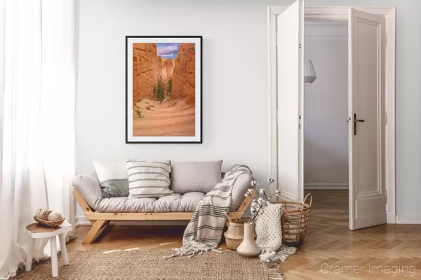 Photograph of Cramer Imaging's landscape photo "Guardians" in a cozy neutral-toned living room