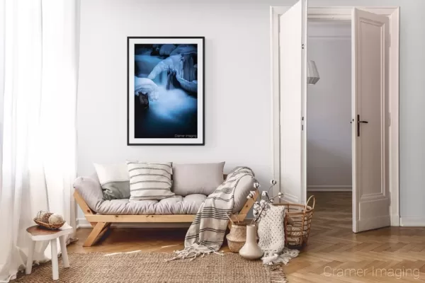 Photograph of Cramer Imaging's landscape photo "Ice Castle" in a cozy neutral-toned living room