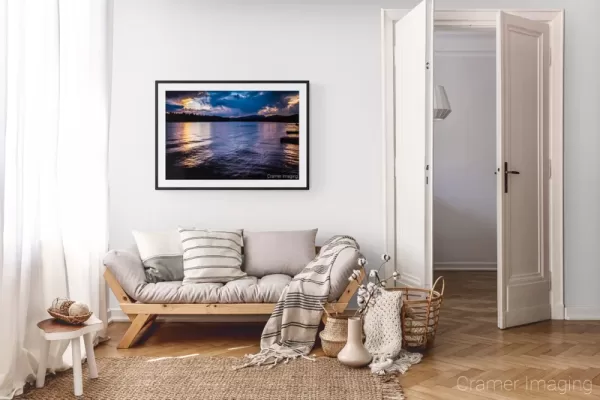 Photograph of Cramer Imaging's landscape photo "Island Park Reservoir" in a cozy neutral-toned living room