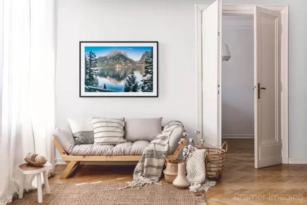 Photograph of Cramer Imaging's landscape photo "Jenny Lake" in a cozy neutral-toned living room