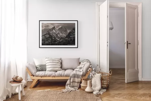 Photograph of Cramer Imaging's landscape photo "Misty Mountains" in a cozy neutral-toned living room