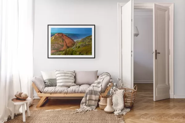 Photograph of Cramer Imaging's landscape photo "Misty Teton Dam" in a cozy neutral-toned living room