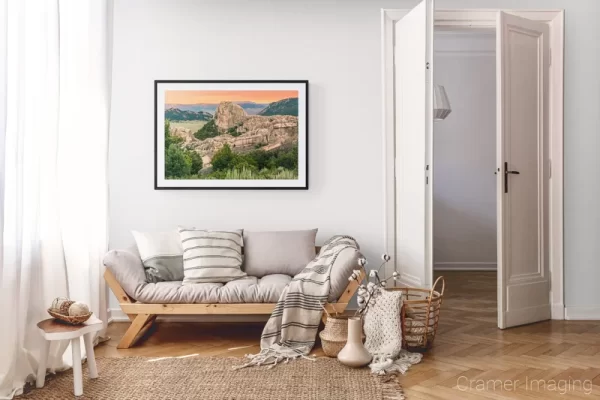 Photograph of Cramer Imaging's landscape photo "Monolith" in a cozy neutral-toned living room