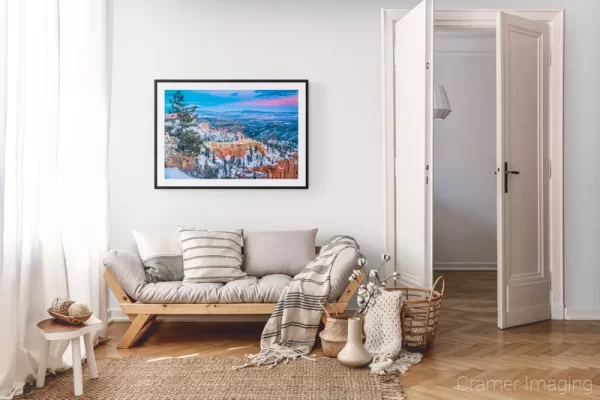 Photograph of Cramer Imaging's landscape photo "Pristine" in a cozy neutral-toned living room