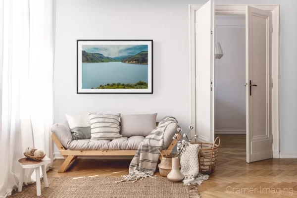 Photograph of Cramer Imaging's landscape photo "Ririe Reservoir" in a cozy neutral-toned living room