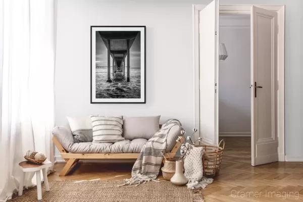 Photograph of Cramer Imaging's landscape photo "San Diego Pier" in a cozy neutral-toned living room