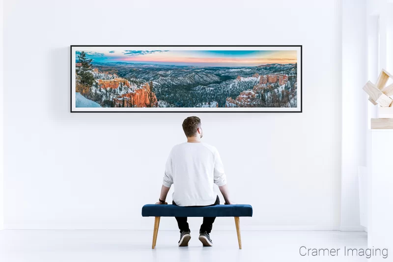 Photo of Audrey Cramer Photography's "Skyview" panorama on a white gallery wall with a man sitting in front