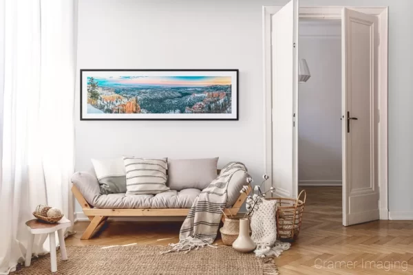 Photograph of Cramer Imaging's landscape photo "Skyview" in a cozy neutral-toned living room