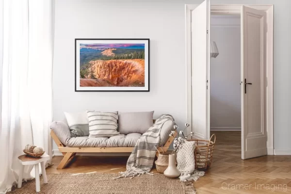 Photograph of Cramer Imaging's landscape photo "Strawberry Point" in a cozy neutral-toned living room