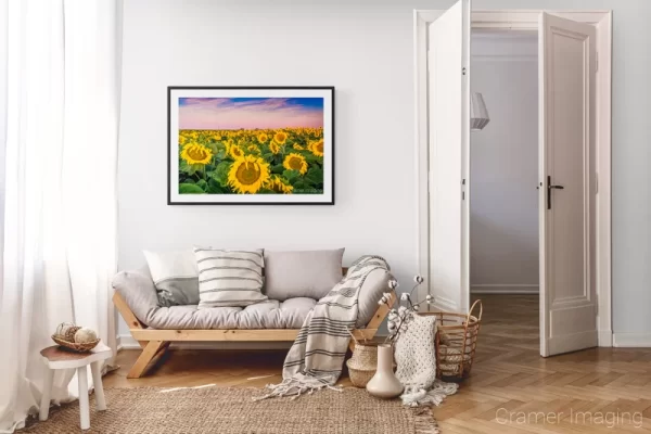 Photograph of Cramer Imaging's landscape photo "Sunflower Sunrise" in a cozy neutral-toned living room