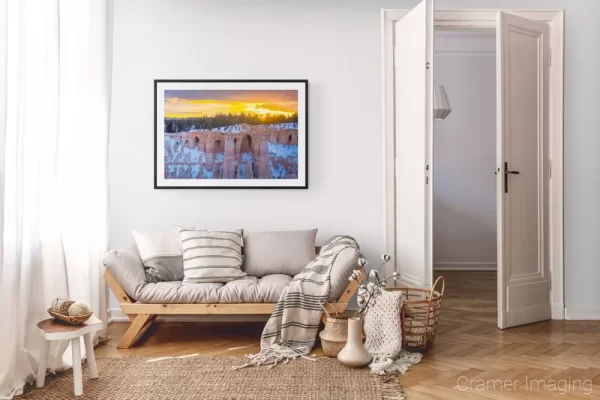 Photograph of Cramer Imaging's landscape photo "The Glittering Caves" in a cozy neutral-toned living room