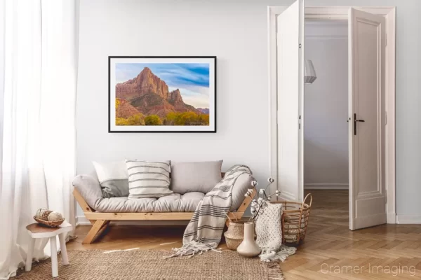 Photograph of Cramer Imaging's landscape photo "The Mountain King" in a cozy neutral-toned living room