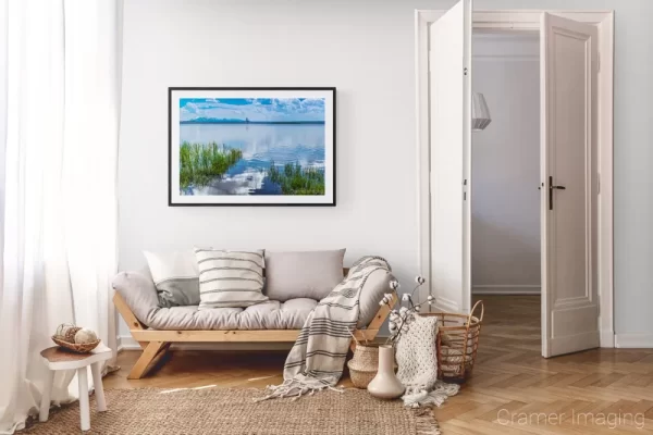 Photograph of Cramer Imaging's landscape photo "Tranquility" in a cozy neutral-toned living room