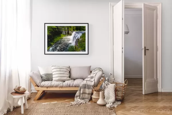 Photograph of Cramer Imaging's landscape photo "Upper Mesa Falls" in a cozy neutral-toned living room