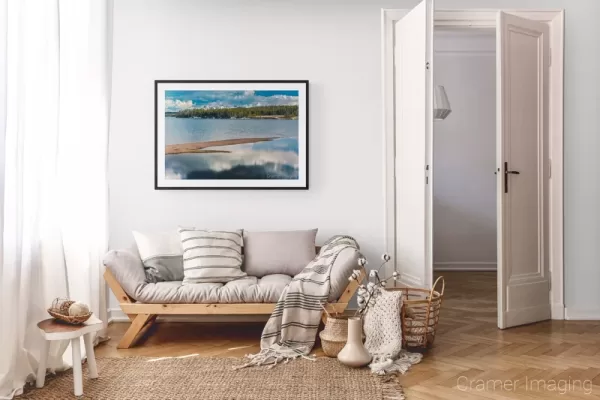 Photograph of Cramer Imaging's landscape photo "West Thumb" in a cozy neutral-toned living room