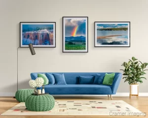 Photograph of 3 Cramer Imaging landscape photos grouped into a gallery wall theme of color