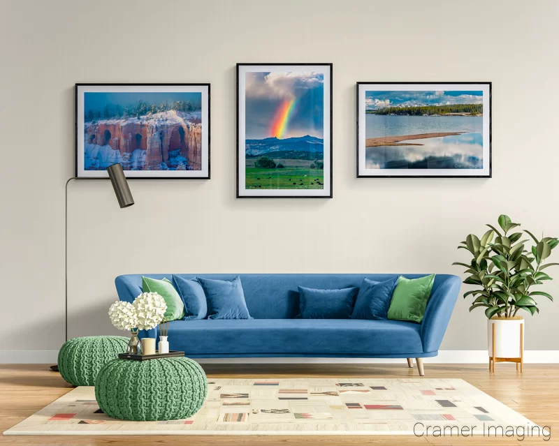 Photograph of 3 Audrey Cramer Photography landscape photos grouped into a gallery wall theme of color