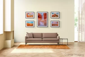 Photo of five Cramer Imaging Bryce Canyon landscape photos on a gallery wall featuring location