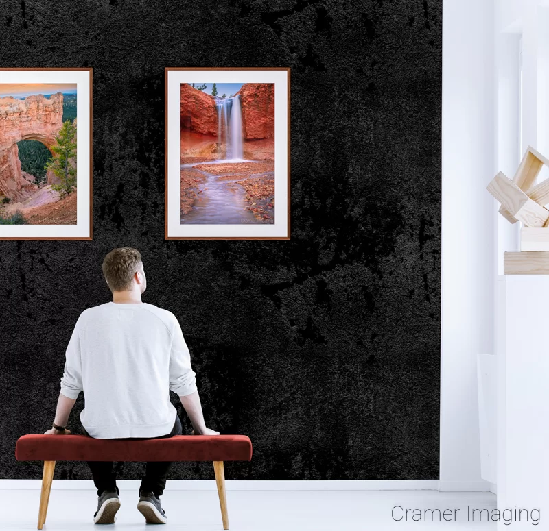 Photograph of a couple Audrey Cramer Photography landscape photos displayed on a simple museum-style gallery wall