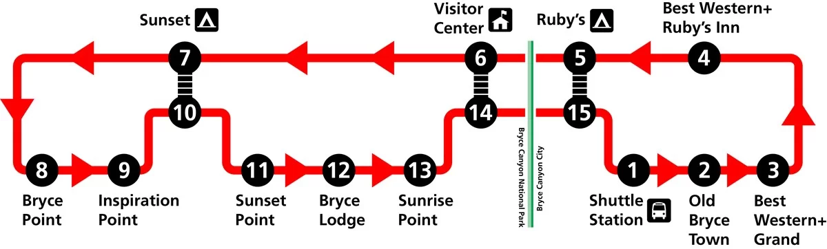 Graphic showing the Bryce Canyon Shuttle Route as of 2020 for Bryce Canyon National Park Utah