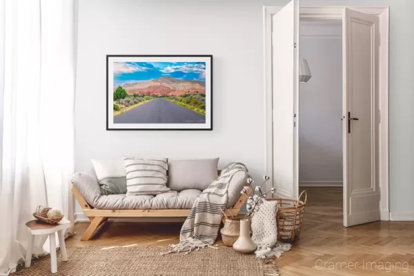 Photograph of Cramer Imaging's landscape photo "Kodachrome" in a cozy neutral-toned living room