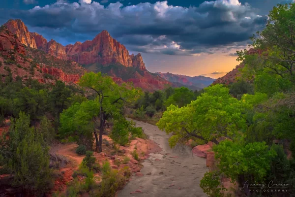 Audrey Cramer Photography's fine art landscape photograph of a moody summer evening view of the Virgin River and Watchmen peak at Zion National Park Utah