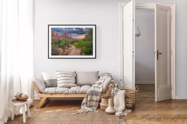 Photograph of Cramer Imaging's landscape photo "Pa'rus" in a cozy neutral-toned living room