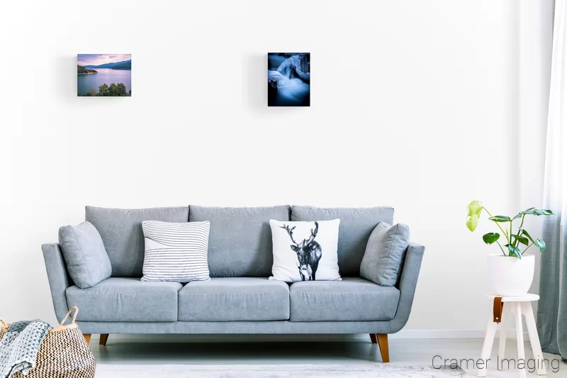 Image of a couple 11x14 landscape photo prints on the wall of a lounge