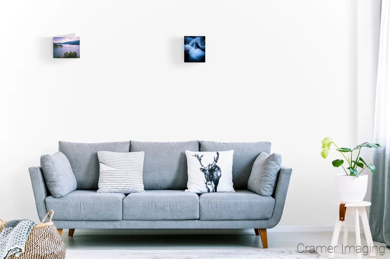 Image of a couple 8x10 landscape photo prints on the wall of a lounge